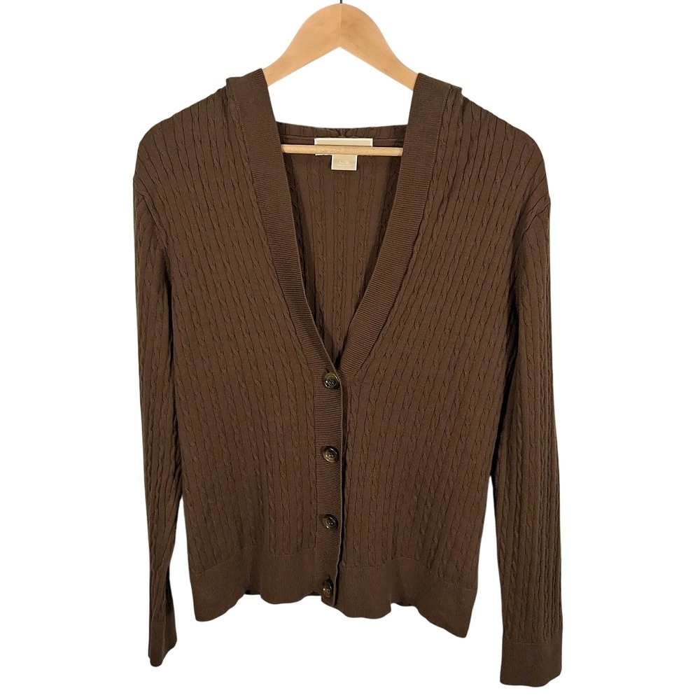 Michael Kors Dark Olive Green Cable Knit Cardigan Sweater Hooded Button Up Large